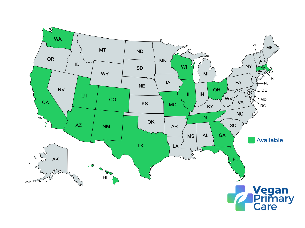 United States Map of States Where Dr Scott Harrington and Vegan Primary Care is Available and Accepting New Patients in states including: AZ, CA, CO, FL, GA, HI, IL, MA, MO, NM, OH, TN, TX, UT, WA, and WI.