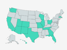 United States Map of States Where Dr Scott Harrington and Vegan Primary Care is Available and Accepting New Patients in states including: AZ, CA, CO, FL, GA, HI, IL, MA, MO, NM, OH, TN, TX, UT, WA, and WI.